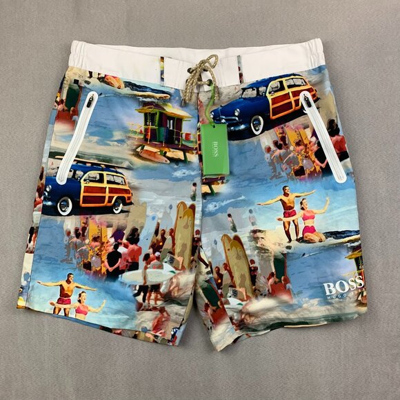 Hugo Boss Other - Hugo Boss Mens Board Shorts Large Blue White All Over Print Swim Trunks Beach